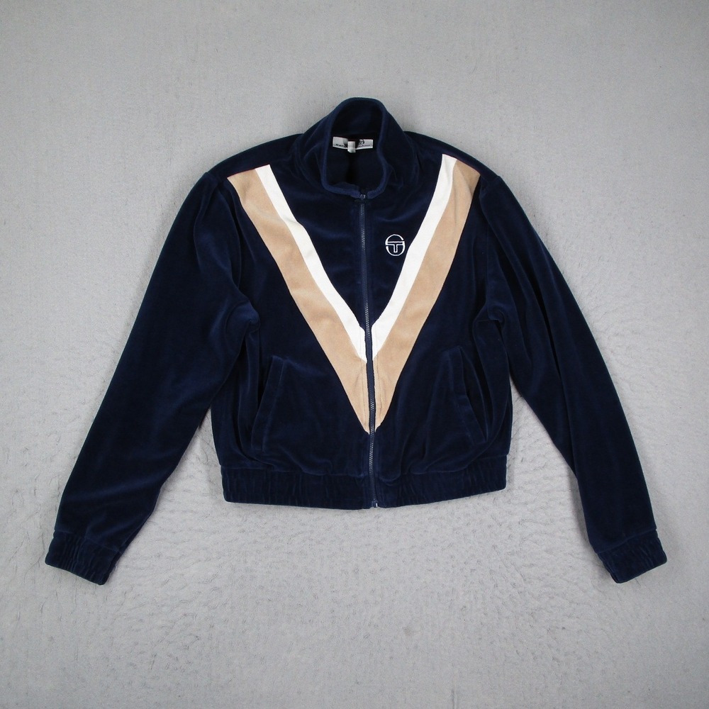 Sergio Tacchini Womens Velour Track Jacket Navy Blue Chevron Full Zip Size Large